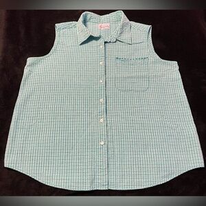 Vtg 90s Sears Basic Editions Green White Gingham Sleeveless Button Up Shirt 2XL